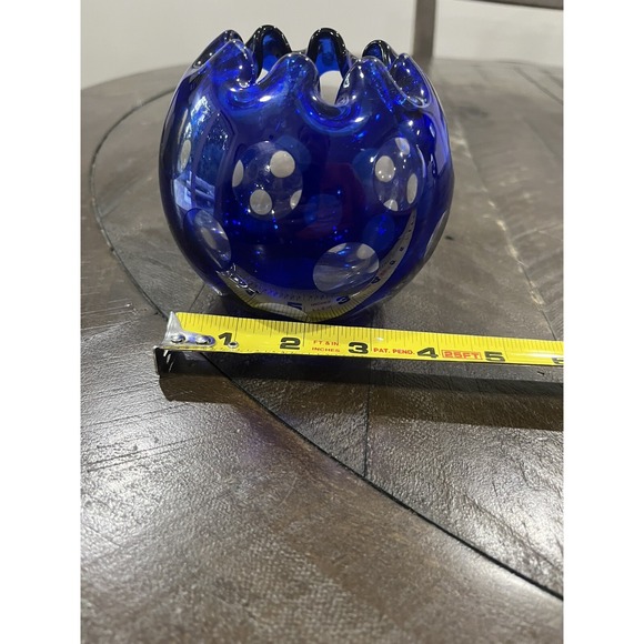 Cobalt Blue Cut to Clear Art Glass Rose‎ Bowl Vase Dots Ruffled Top 4" - Picture 9 of 9